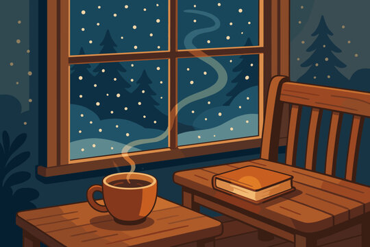 Cozy winter evening with warm drink, book, and snow falling outside a window
