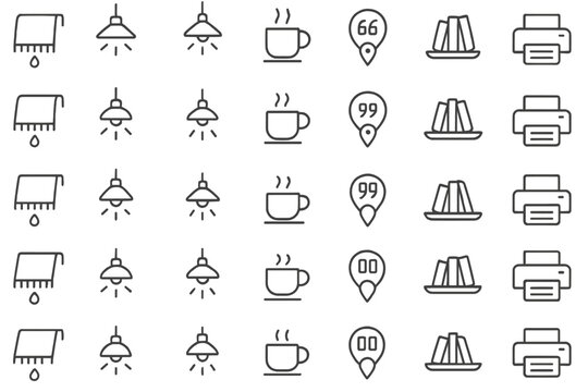Collection of minimalist icons depicting coffee, books, and printing equipment in various arrangements and styles