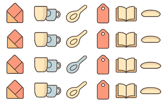 Colorful icons depicting kitchen and stationery items arranged in an organized grid layout