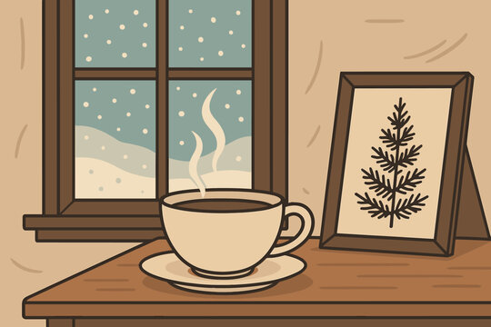 Cozy winter scene featuring steaming cup of coffee beside framed artwork in a warm indoor setting