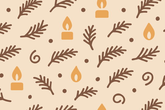 Decorative pattern of candles and pine branches creates a warm, cozy atmosphere perfect for winter gatherings