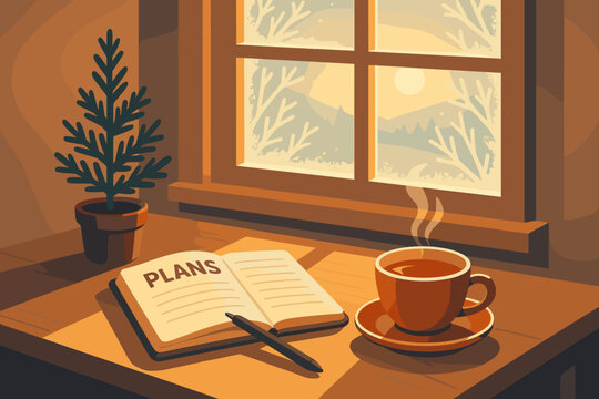 Cozy winter morning with steaming coffee and a notebook filled with plans