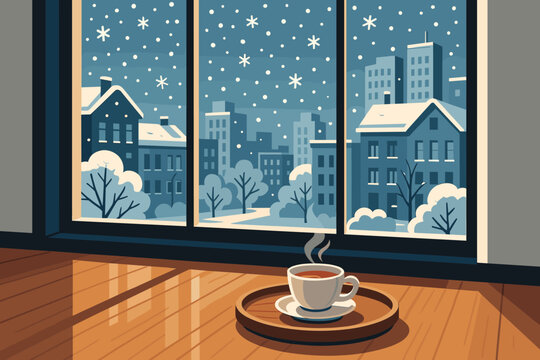 Cozy winter morning with steaming coffee and snowy cityscape view from the window