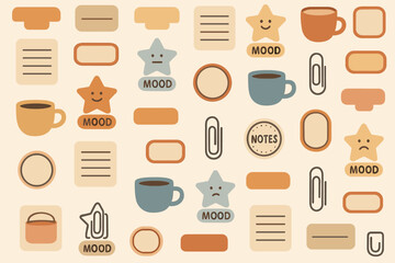 Colorful pattern featuring cups, notes, stars, and paper clips in a playful design set against a light background