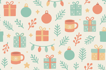 Festive holiday patterns featuring ornaments, gifts, and greenery suitable for seasonal decorations and festive crafts