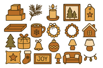 Decorative winter elements for festive home decor featuring gifts, candles, and cozy designs in warm tones