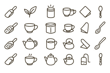 Line art collection of tea and coffee elements depicting cups, teapots, and accessories in minimalistic design