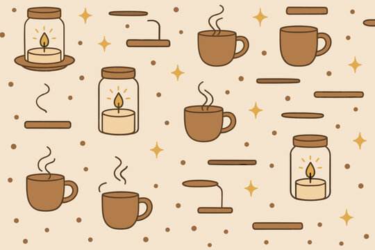Candle and coffee cup pattern showcasing cozy moments in a warm setting during autumn evenings