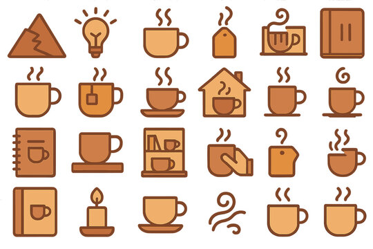 Cozy collection of coffee-related icons illustrating warm beverages in various settings