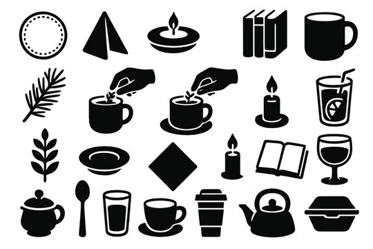 Collection of black silhouettes depicting cozy beverage themes and warm ambiance suitable for cafes or home settings