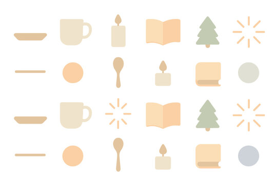 Various simple icons representing cozy home elements arranged in a grid layout for a warm and inviting aesthetic