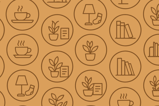 Cozy indoor illustrations with cups, lamps, plants, books, and socks in a warm pattern suitable for home decor