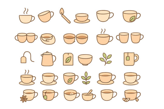 Various types of tea and coffee cups with utensils in a minimalistic design suitable for a beverage-themed project