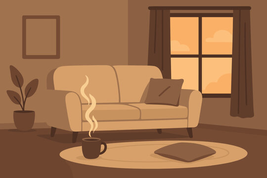 Cozy living room with a warm atmosphere, plush couch, and steaming coffee during sunset