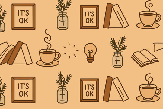 Cozy design featuring books, cups, and motivational phrases on a warm background