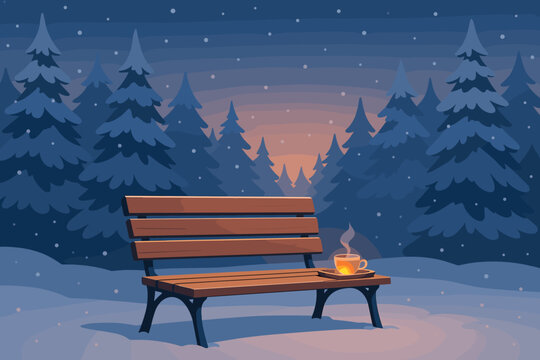 Winter evening in a snowy forest with a warm cup on a bench surrounded by tall trees