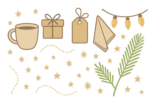 Cozy winter elements featuring a cup of coffee, gift, holiday decorations, and festive pine details
