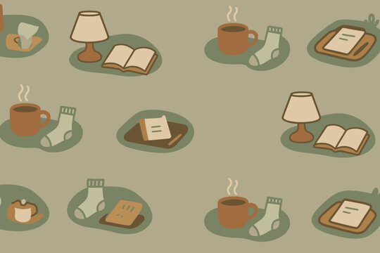 Cozy home atmosphere with warm beverages, books, and comfortable items on a soft background