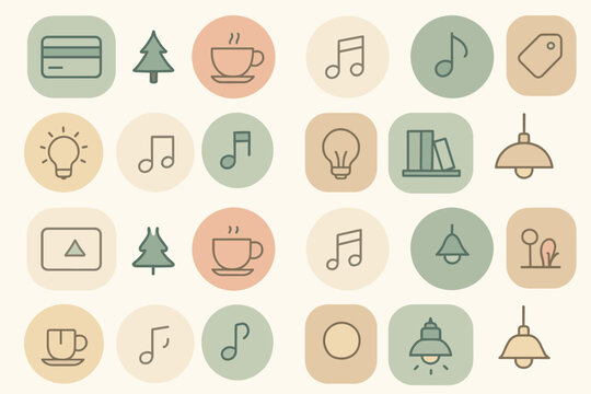 Colorful icons represent various themes such as music, nature, and creativity in a modern, minimalist design suitable for digital use