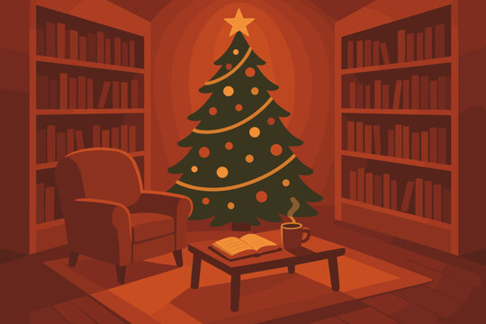Cozy holiday setting with a Christmas tree, warm chair, bookshelves, and a steaming mug