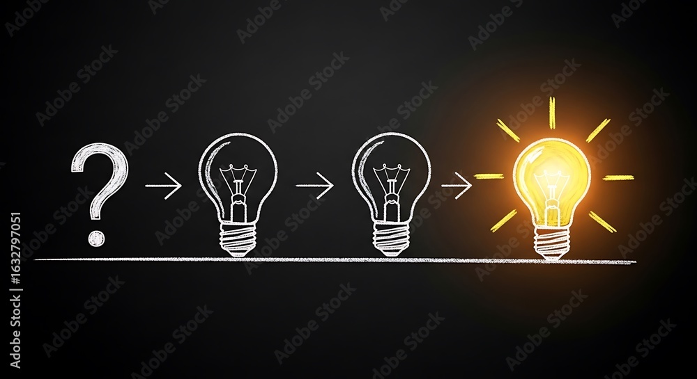 Poster chalk drawing on a blackboard illustrating the progression from a question mark to a glowing light b