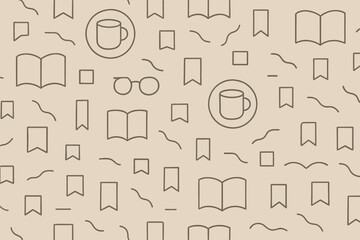 Pattern of books, coffee cups, and decorative elements suitable for educational or literary themes