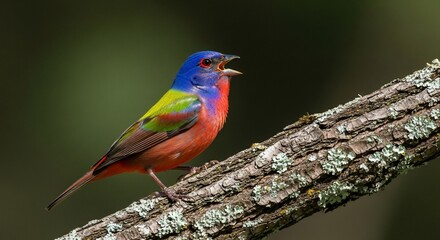 Obraz premium Vibrant Painted Bunting Sings on Mossy Tree Branch in Soft Sunlight
