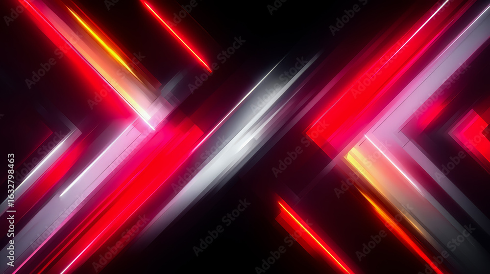 Poster black and white image with red and white lines. the image is abstract and has a futuristic feel to i