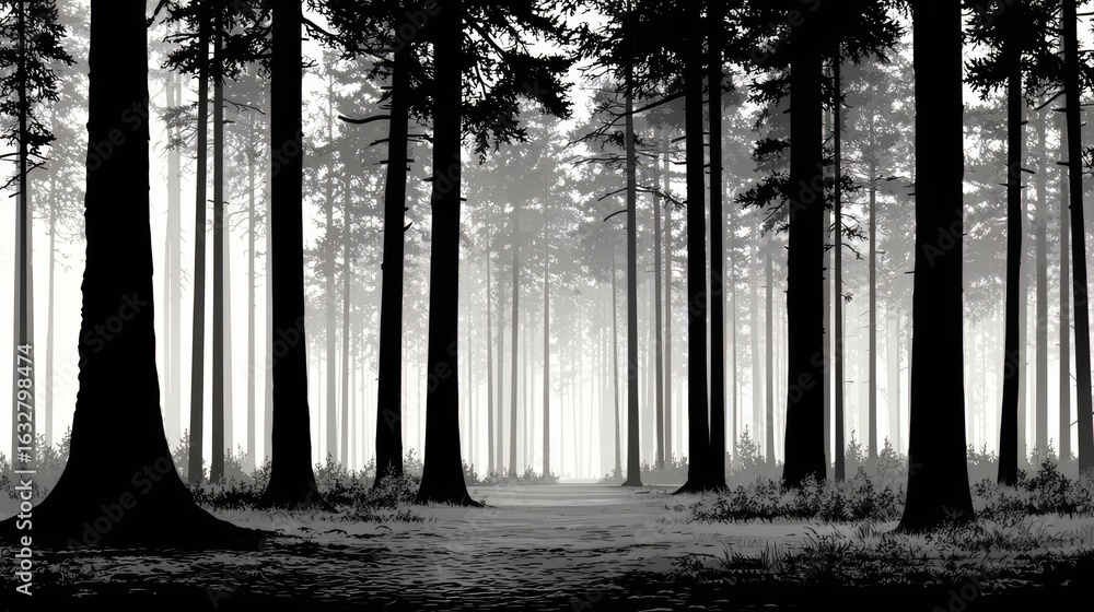 Poster serene and peaceful forest scene with a path running through it. the trees are tall and dense. the p