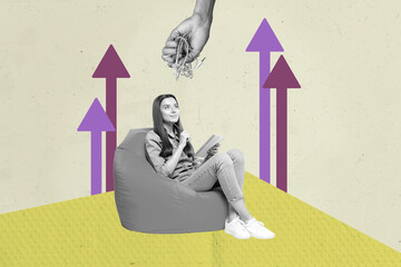 Creative pop poster sketch art collage of happy businesswoman businessman receive arrow development success aim achievement