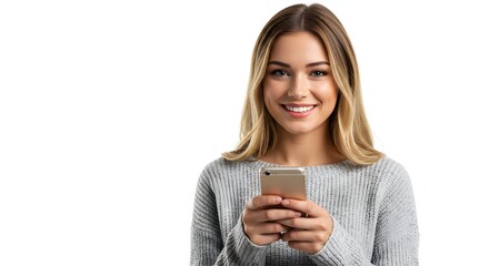 Fototapeta premium A young woman in a cozy sweater texting on her phone on a white background