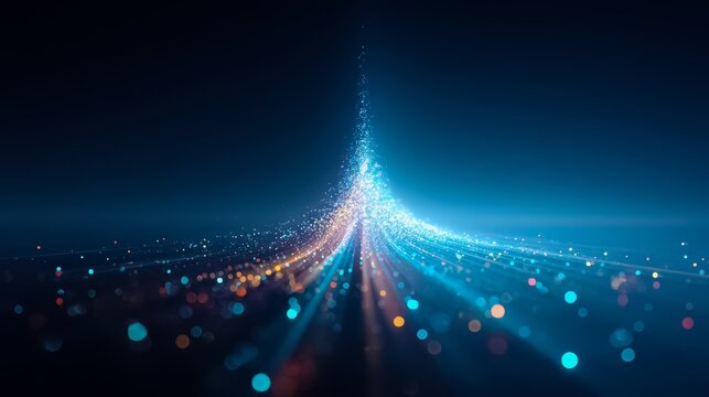 Blue and purple light show with a long, thin line of light. The light show is made up of many small dots of light