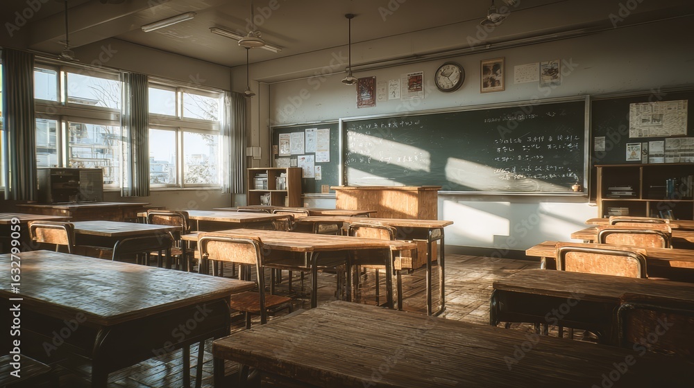 Poster classroom with a blackboard and a clock on the wall. the room is empty and the desks are empty