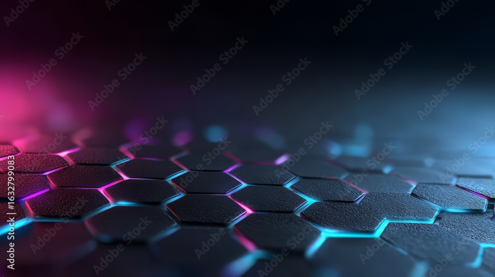 Aufkleber close up of a black and purple hexagonal pattern. the pattern is illuminated with a blue and purple 