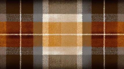 Checkered patterned fabric with brown and gray colors. The pattern is very intricate and the colors are warm