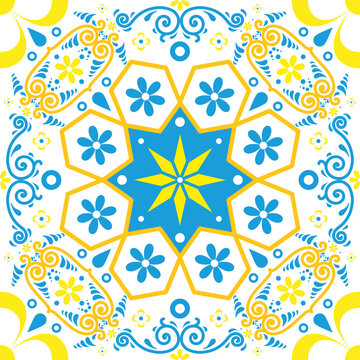 Ethnic Folk Talavera Tile with Navy Blue Floral and Star Motifs &ndash; Seamless Traditional Mexican, Portuguese, and Spanish Ceramic Pattern with Mediterranean Charm
