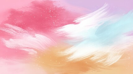Colorful painting with pink, yellow, and blue strokes. The painting has a dreamy, whimsical feel to it