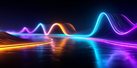Colorful wave of light is reflected in the water. The colors are bright and vibrant, creating a sense of energy