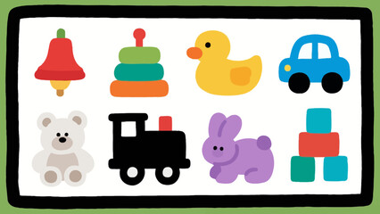 Collection of colorful children's toys including a bell, stacking rings, duck, car, teddy bear, train, rabbit, and building blocks.