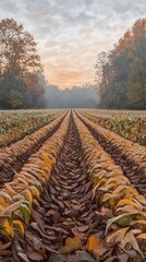 Autumnal field at sunrise, showing plowed rows.