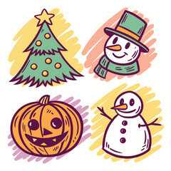 Set of Christmas icons and elements with Santa snowman tree gifts and decorations for holiday celebration design