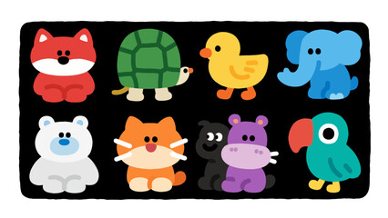 Fototapeta premium Colorful cartoon animals in a grid pattern, simple designs.