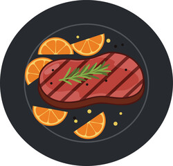 Grilled steak with orange slices and rosemary herb on black plate vector illustration food meal dinner concept 