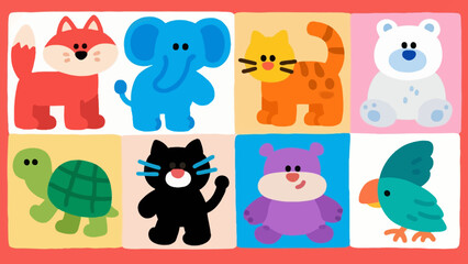 Fototapeta premium A delightful collection of cute cartoon animals in a colorful grid. This vector illustration set features a fox, elephant, cat, polar bear, turtle, hippo, and parrot.