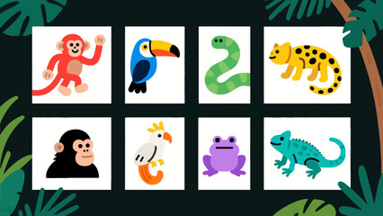 Fototapeta premium A vibrant set of cartoon jungle animal illustrations. A colorful collection of flat design wildlife icons for children's education.