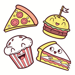 Set of vector pizza illustrations with fast food and delicious meal icons