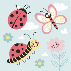 Seamless pattern with cute ladybirds and insects in cartoon vector illustration
