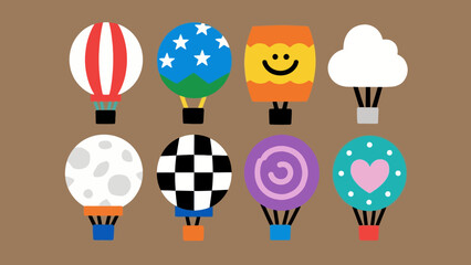 Naklejka premium A vibrant collection of stylized hot air balloon illustrations. Set of eight unique, flat design icons with various patterns for creative projects.