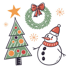 Snowman and Christmas tree illustration with festive winter holiday elements
