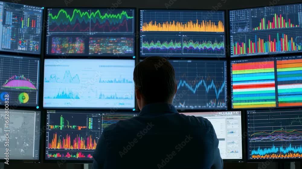 Poster wide shot of an analytics room where a data analyst studies multicolored charts on screens synthesiz